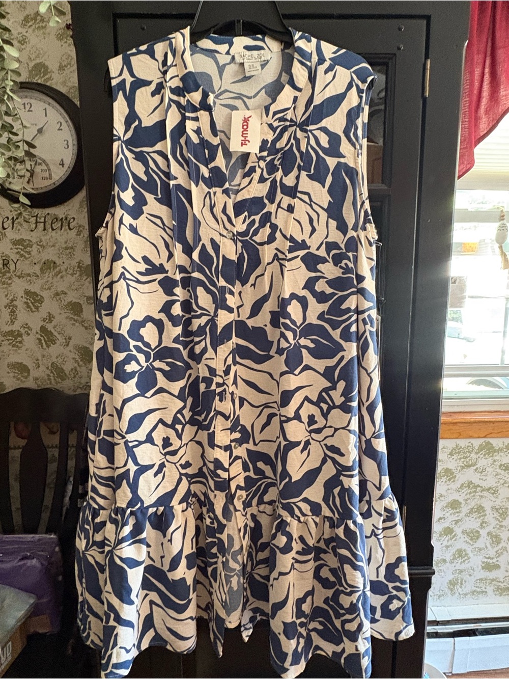 Rachel Zoe Cream and Blue Floral A-Line Ruffle Hem Skirt